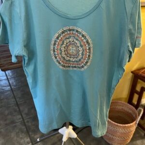 Columbia teal T-shirt. Never worn. Nonsmoking home. Cotton,polyester, rayon .